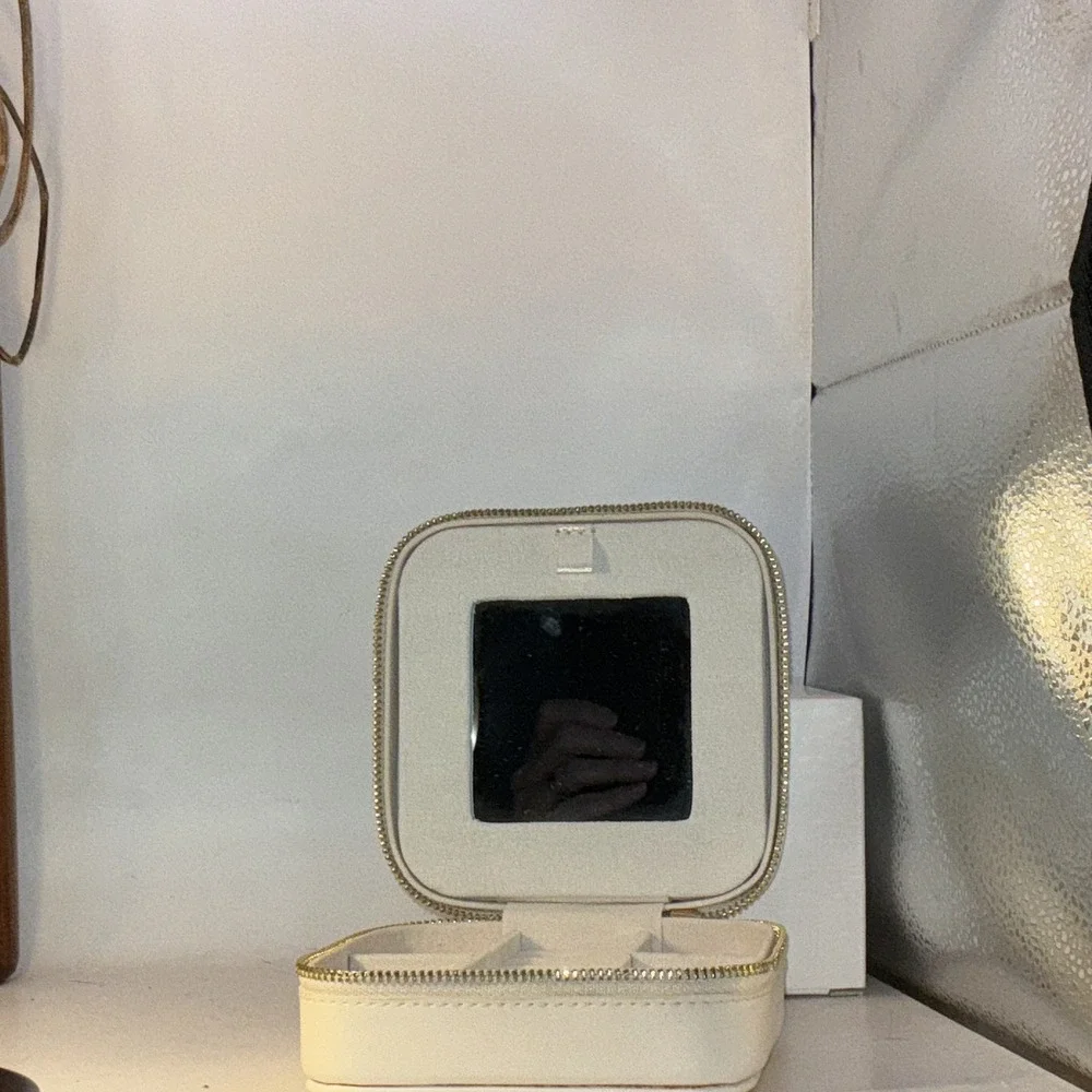 White Travel Jewelry Box 2 Compartments With Mirror 4.5 X 4.5 X 2